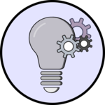 The symbol shows a circle with a black border and a light purple fill. Inside the circle is a grayish light bulb surrounded on the right by three differently sized gears in grayish, black, and purpleish.