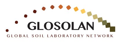 The picture shows the Logo of the Global Soil Laboratory Network (GLOSOLAN). It says GLOSOLAN in the middle and below the whole written namen. Above, is a half circle, consisting of points that change the colours from the left to the right side from black to brown, red, yellow and green. One the left those points are more like circles, slowly turning into squares towards the right side. 