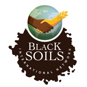 The picture show the logo of the International Network on Black Soils (INBS), consisting of the GSP Logo at the top and a black spot with irregular edges at the bottom, which has the name of the network written in the middle. The GSP logo consists of a bleu-greenish world in the background and two hands, that are shaking, in the front. The skin colour of one hand is black, the other one is white or yellowish, since the arm of it looks like a wheat ear.
