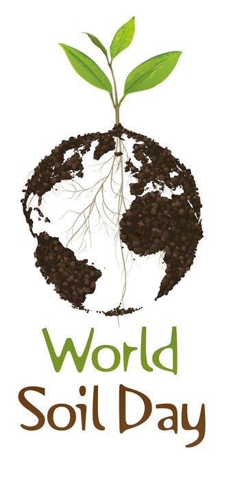 Logo of the World Soil Day. You can see a globe with the countries being depicted as soil, the seas are white. At the top grows a plant with four green leaves from the earth. At the bottom you can read "World Soil Day". The word "World" is written in green, the words "Soil Day" are written in brown in the next line.