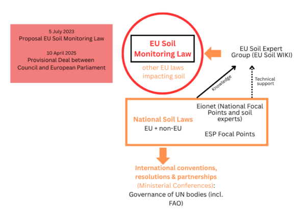 Soil Governance, May 2025 The graphik shows the connections between existing structures for soils. The proposal for the EU Soil Monitoring law was submitted on July 5, 2023. On April 10, 2025, a provisional deal between the Council and European Parliament was reached. The Soil Monitoring Law and other EU laws on soil are advised by an EU Soil Expert Group (see EU Soil WIKI). The Expert Group in turn works on the basis of national legislation (EU and non-EU). Furthermore, EIONET (National Focal Points and soil experts), including ESP Focal Points provide technical support. International conventions, resolutions and partnerships (Ministerial Conferences) support the governance of UN bodies (including FAO) and are influenced by National Soil Laws and working groups or networks on soil, such as EIONET.