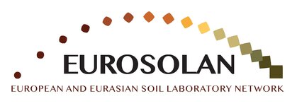 The picture shows the Logo of the European and Eurasian Soil Laboratory Network (EUROSOLAN). It says EUROSOLAN in the middle and below the whole written namen. Above, is a half circle, consisting of points that change the colours from the left to the right side from black to brown, red, yellow and green. One the left those points are more like circles, slowly turning into squares towards the right side. Apart from the text, the logo looks the same as the GLOSOLAN logo. 