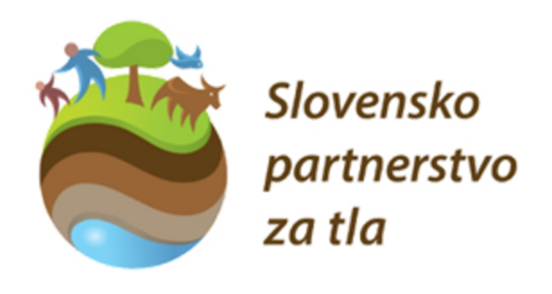 The logo of the Slovenian Soil Partnership: It consists of a world icon with a blue layer at the bottom, and brownish soil layers that are getting darker from the bottom to the top. At the top is a grass layer with a tree, humans and animals on it. Next to this world icon is written "Slovensko partnerstvo za tla".