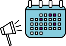 Icon consisting of a blue calendar with some days in white and some in purple. On the left of the calendar is a megaphone.